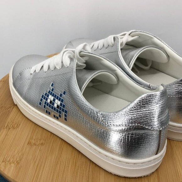Anya Hindmarch Space Invaders Silver Metallic Leather tennis sneakers size 37 - Picture 11 of 16